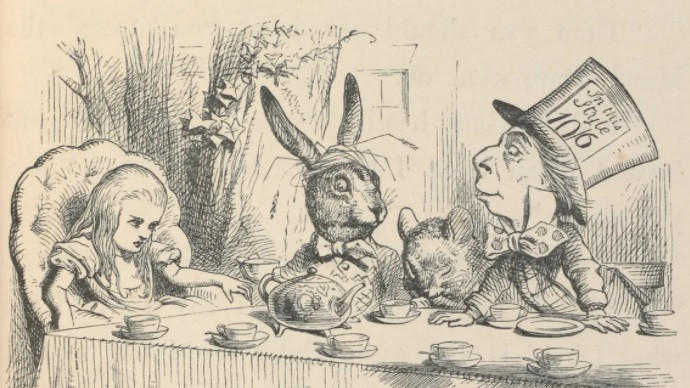 Alisa na čajanci Ludog šeširdžije, 1865; ilustracija; Džon Tenijel, koji je bio poznat po ismevanju političara kao karikaturista Panča