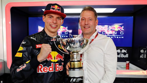 Max Verstappen with father Jos, pictured after his Spanish Grand Prix win in 2016