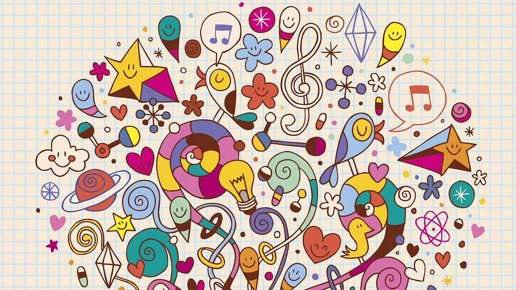 Dibujo de hombre con cabeza abierta y muchas cosas bonitas saliendo de ella