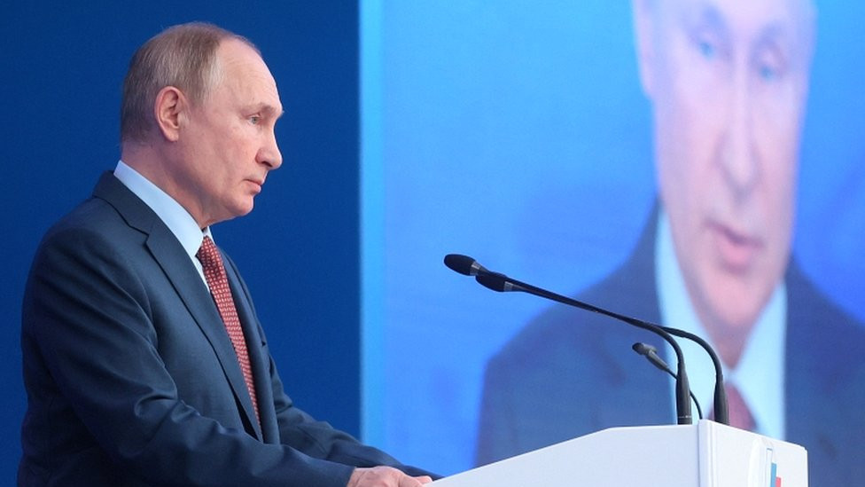 Russian President Vladimir Putin attends a convention of the Russian Union of Industrialists and Entrepreneurs (RSPP) in Moscow, Russia, on 17 December 2021