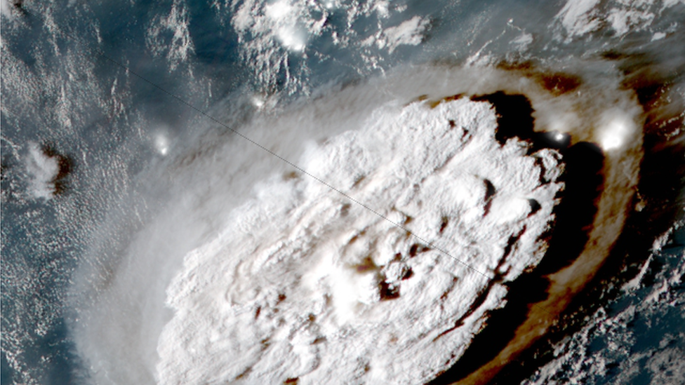 A screengrab from satellite footage showing the moment the explosion breached the sea's surface