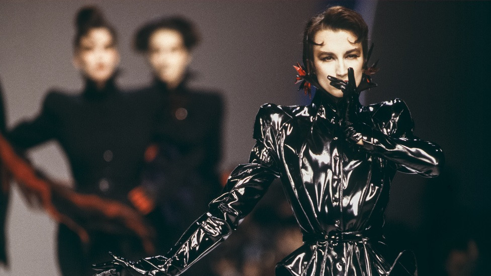 A model wears one of Mugler's distinctive creations in the late 1980s