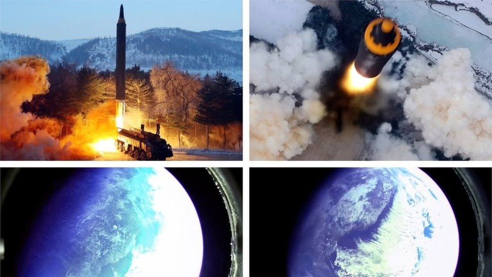 Two pictures of North Korea's missile launch and two of Earth taken from the missile in space