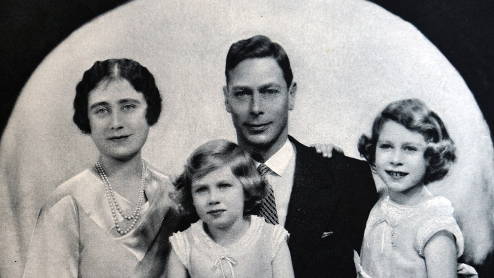 A formal portrait of the-then Duchess of York, Princess Margaret, the Duke of York - later King George VI - and Princess Elizabeth