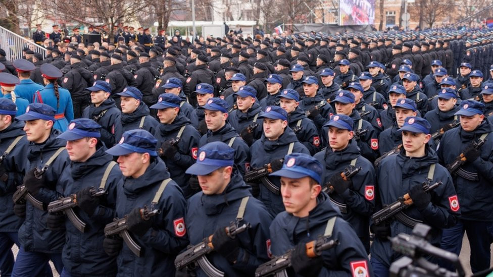Police march during parade celebrations to mark their autonomous Serb Republic"s national holiday, in Banja Luka, Bosnia and Herzegovina, January 9, 2022