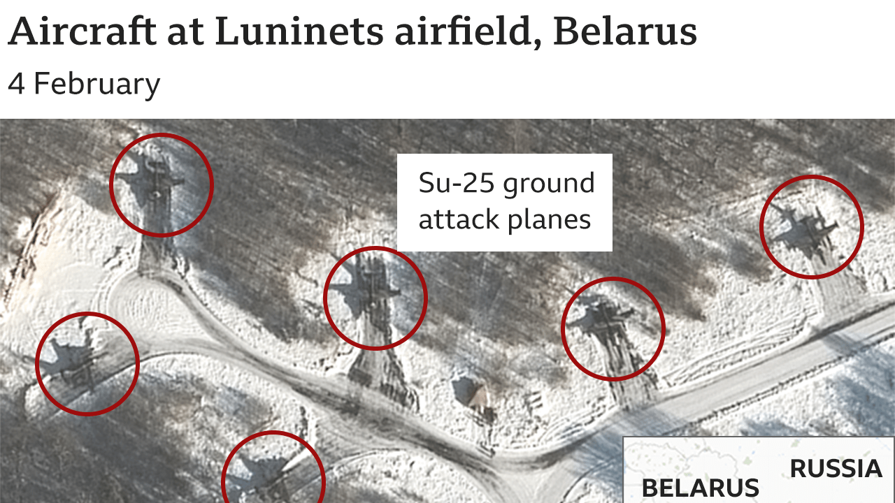 Satellite image showing Su-25 aircraft at Luninets airfield. Updated 10 Feb.