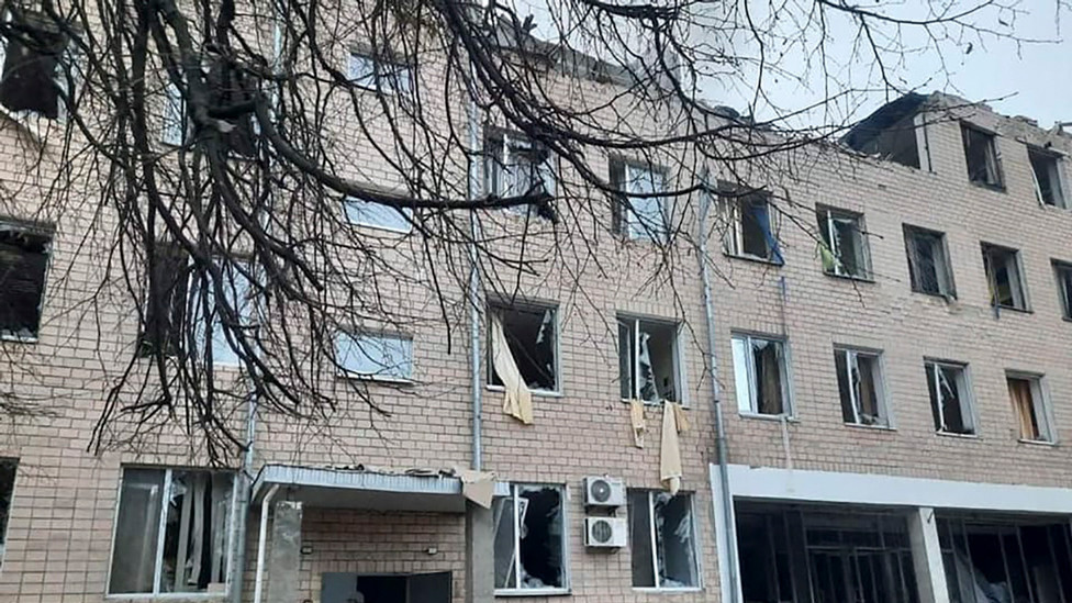 A handout photo made available by the Ukrainian Interior Ministry"s press service shows the aftermath of an explosion in the premises of a military unit building in Kyiv, Ukraine, 24 February 2022