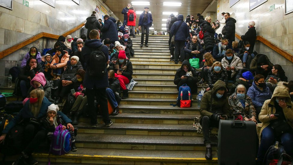 People take shelter in subway station in Kyiv on 24 February
