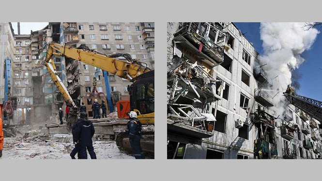 English caption: A comparison of the two incidents shows the difference between the2018 gas explosion in Russia (left) and the Chuhuiv attack (right)