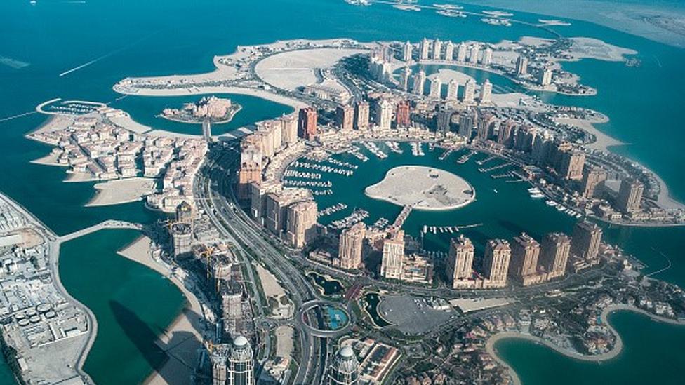 A view of the artificial island known as The Pearl off the shore of Doha, Qatar