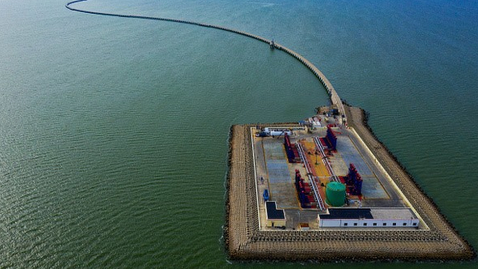 A view of the Qingdong-5 artificial island off the shore of Dongying in east China's Shandong province.