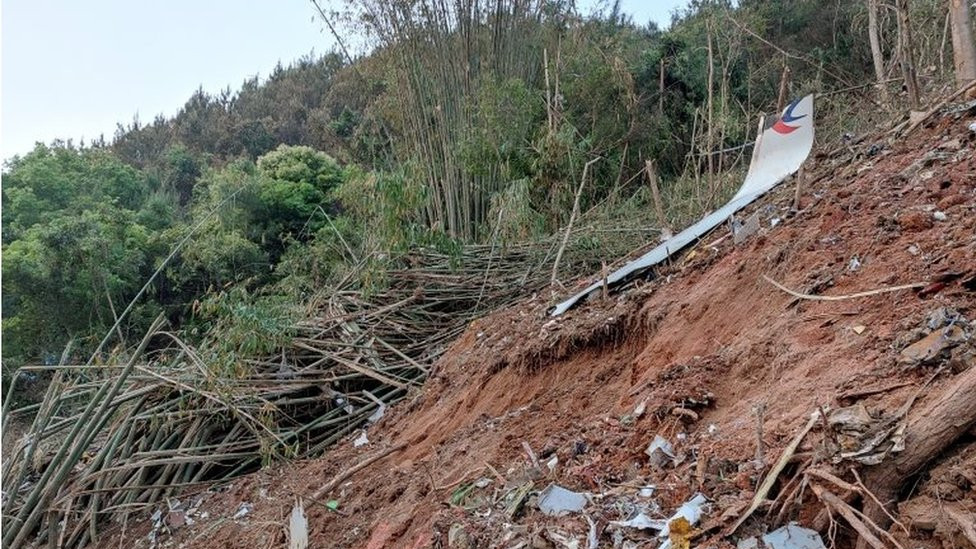 Plane debris is seen at the site where a China Eastern Airlines Boeing 737-800 plane flying from Kunming to Guangzhou crashed, in Wuzhou, Guangxi Zhuang Autonomous Region, China March 21, 2022.