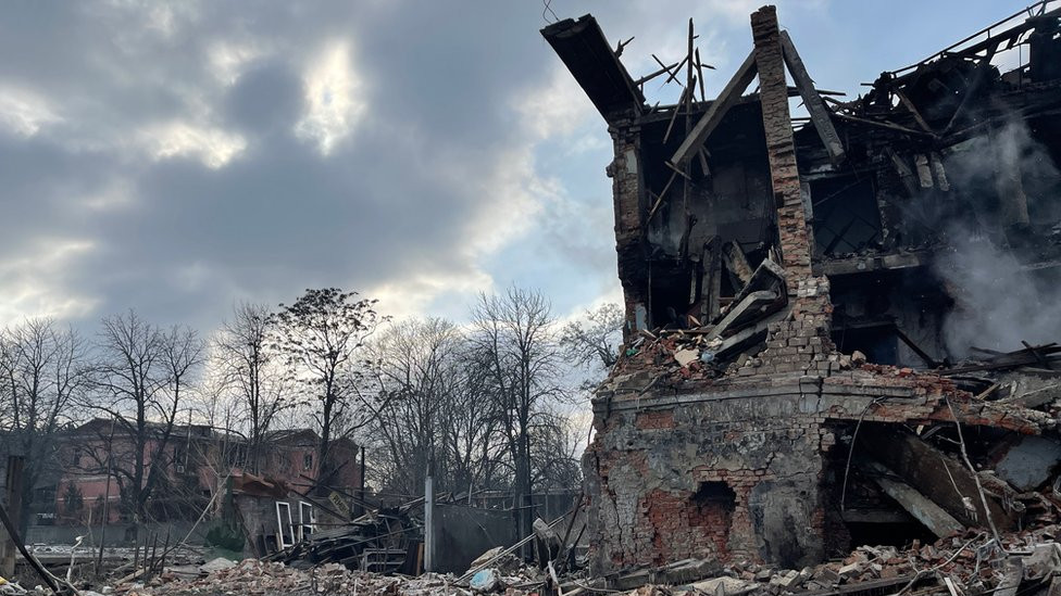 The remains of a women's shoe factory after it came under Russian bombardment