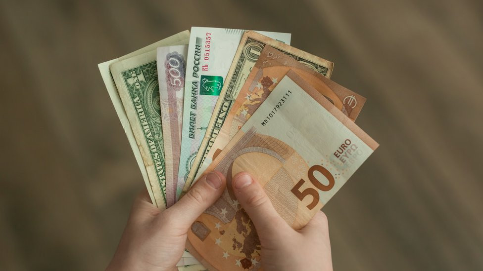 roubles, euros, dollars, sterling notes