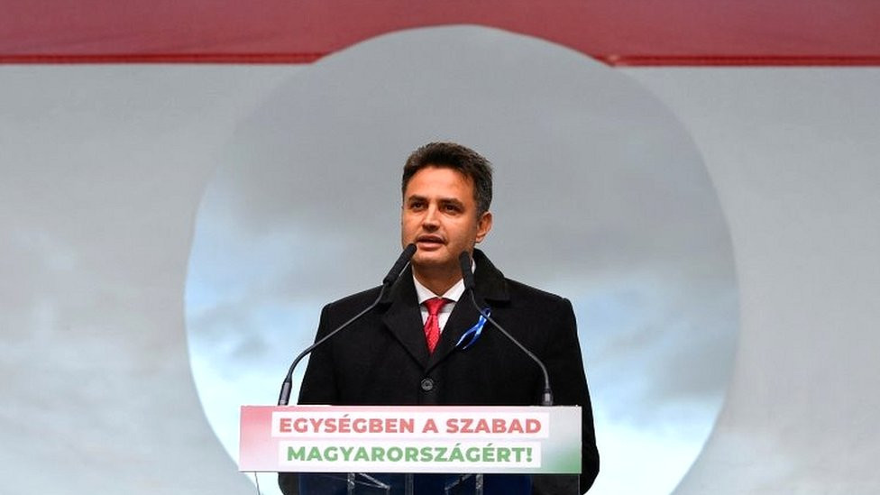 Opposition candidate for Prime Minister Peter Marki-Zay speaks during a joint demonstration organised by opposition parties during the celebrations of the 65th anniversary of the Hungarian Uprising of 1956, in Budapest, Hungary, in October 2021
