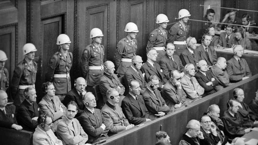Nazi war criminals in the dock during the Nuremberg trials after World War Two including Hermann Goring, Rudolf Hess and Joachim von Ribbentrop