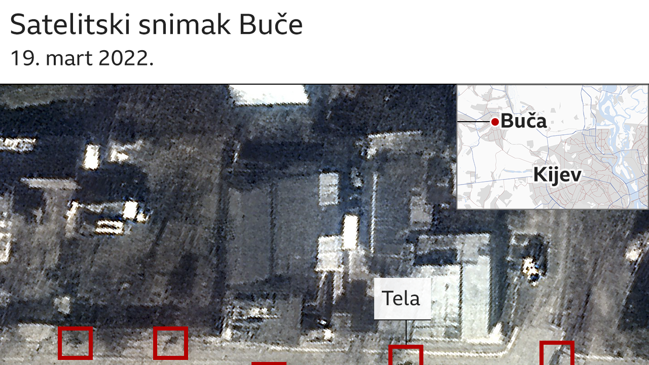Satelitskiu snimak koji pokazuje tela u Buči, 19. mart
