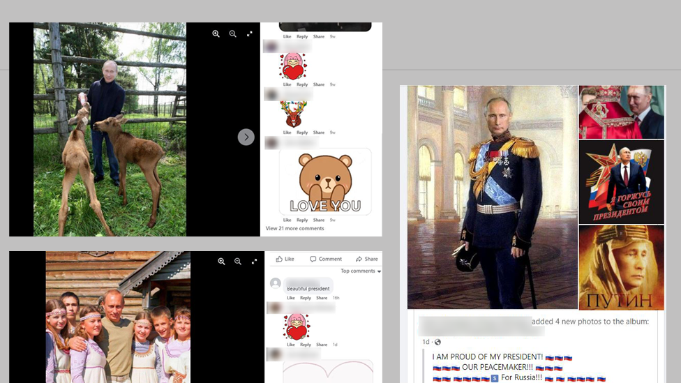 Three screenshots from pro-Putin groups. One shows him feeding a baby deer, one surrounded by young girls in traditional costume and a third in military uniform.