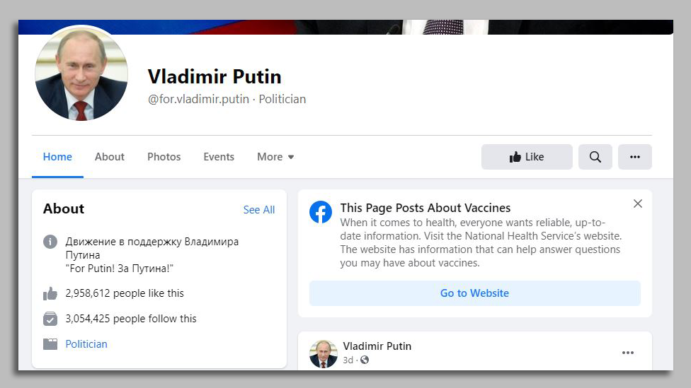 Screenshot of Putin impersonation Facebook page