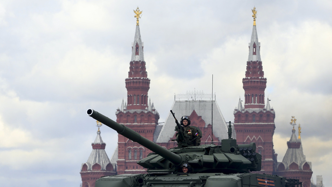 Russian military vehicle performs during a rehearsal for the Victory Day military parade at Red Square in Moscow, Russia on May 07, 2021.
