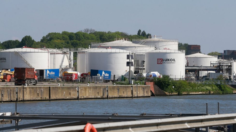 A view of fuel tanks of Russian multinational energy corporation Lukoil at its headquarters