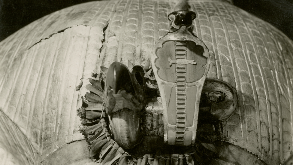 Garland of cornflowers and olives leaves on Tutankhamun's outer coffin