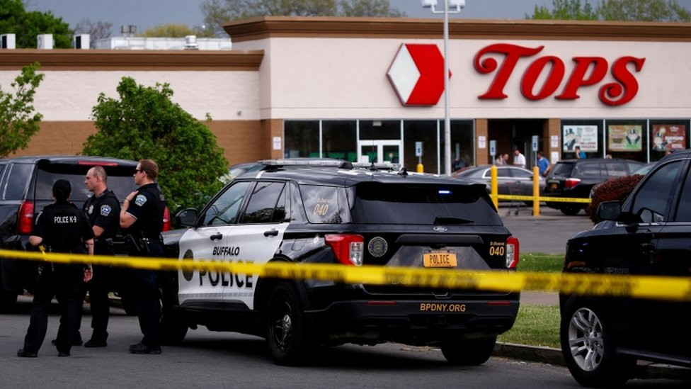 Police officers at the scene of the shooting in Buffalo, New York on 14 May
