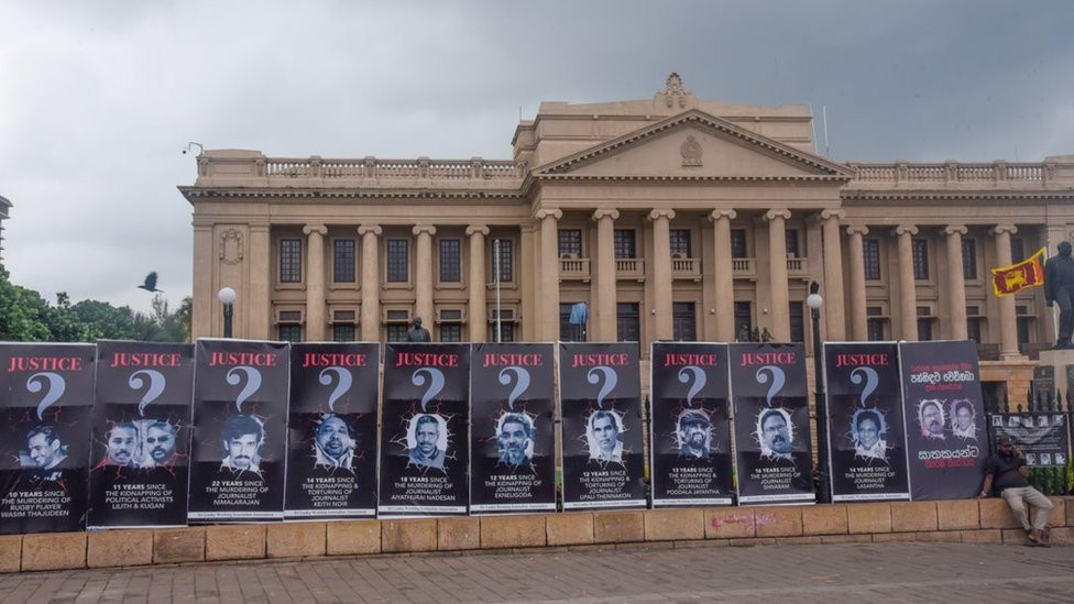 Posters to symbolise who were the murdered and disappeared journalists in Sri Lanka during the nationwide 'hartal' situation (business shutdown in protest) on 6 May, 2022