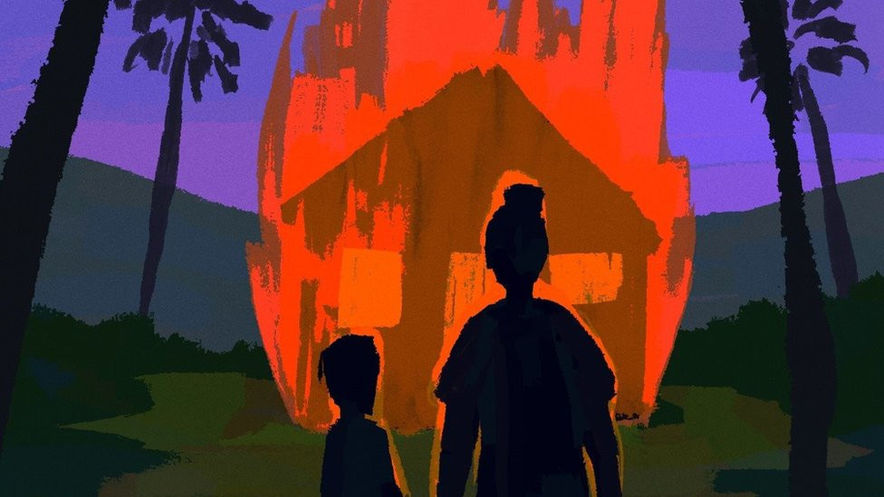 An illustration of a woman and child in front of a burning house surrounded by palm trees.