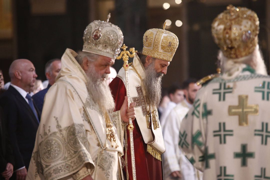 Beograd, 19.05.2022. – Poglavari Srpske pravoslavne crkve (SPC) i Makedonske pravoslavne crkve (MPC), patrijarh Porfirije i ahiepiskop ohridski i makedonski Stefan sluzili su „lit