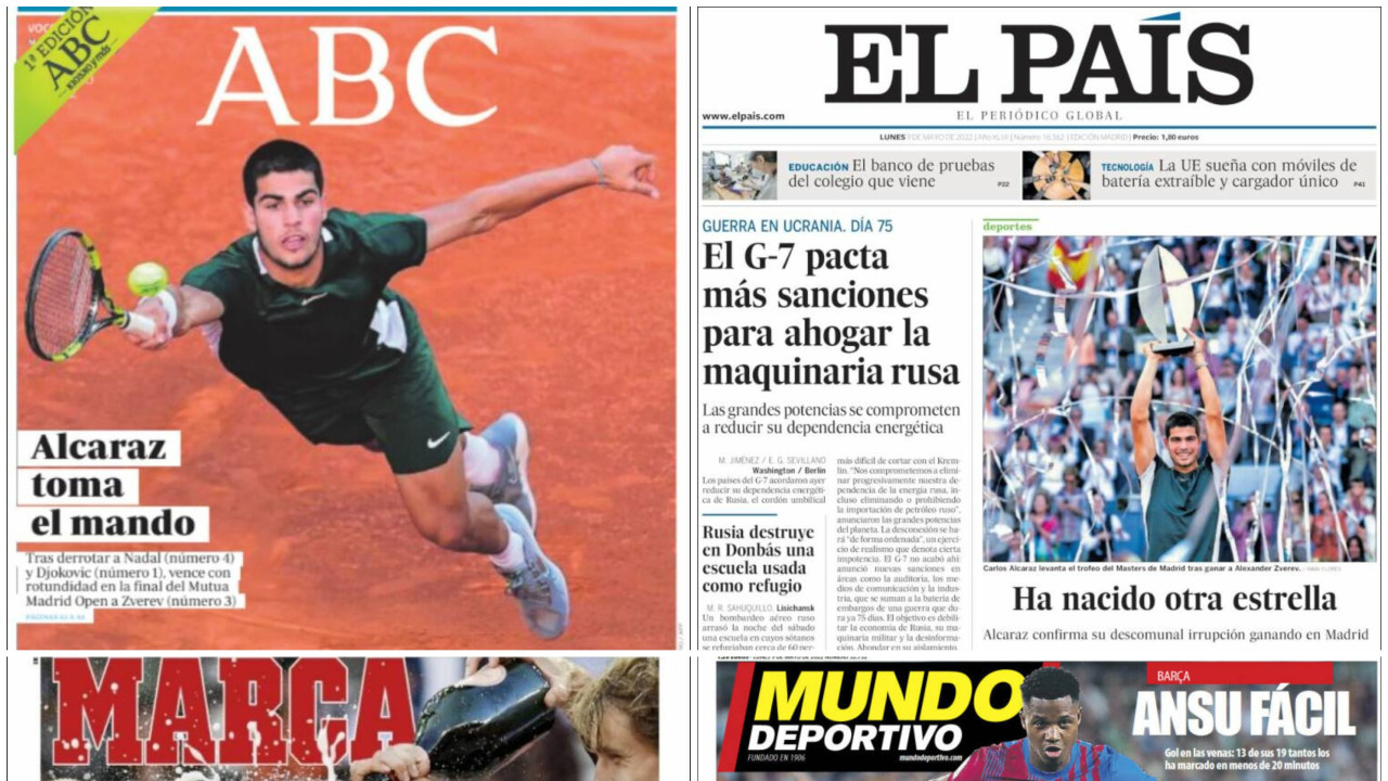 Front pages of Spanish newspapers after Carlos Alcaraz's victory at the Madrid Open