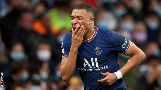 Kylian Mbappe celebrates scoring against Real Madrid