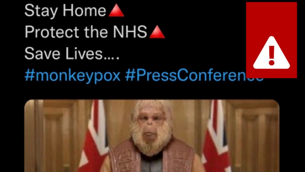 a tweet reading "stay home, protect the NHS, save lives #monkeypox #PressConference" with a picture of a monkey standing at the government's announcement podium