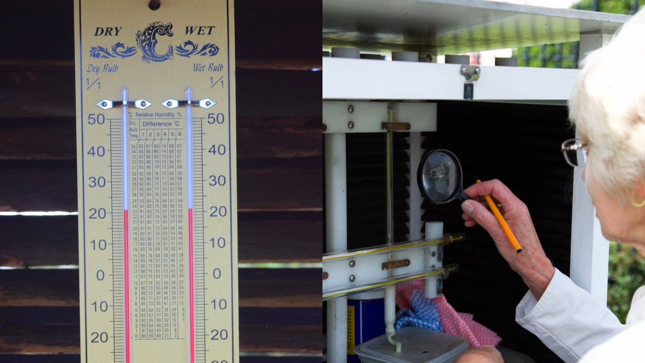 A composite image showing a simple variety of wet bulb thermometer and a more scientific one