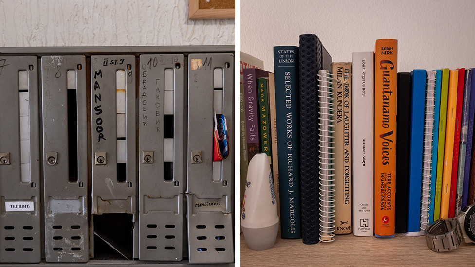 A mailbox at Adayfi's apartment, and Guantanamo books on his bookshelf.