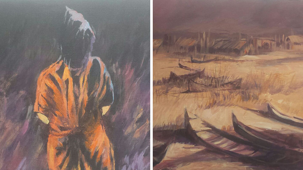 Selections from two paintings by Sabry al-Qarashi, who began painting in Guantanamo.