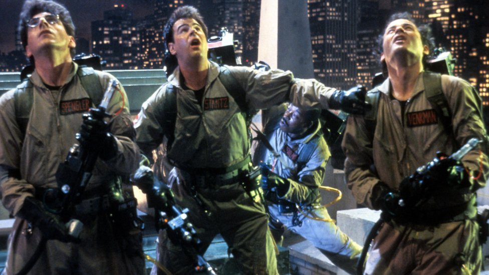 Harold Ramis, Dan Aykroyd, Ernie Hudson (background) and Bill Murray in a scene from the film 'Ghostbusters'