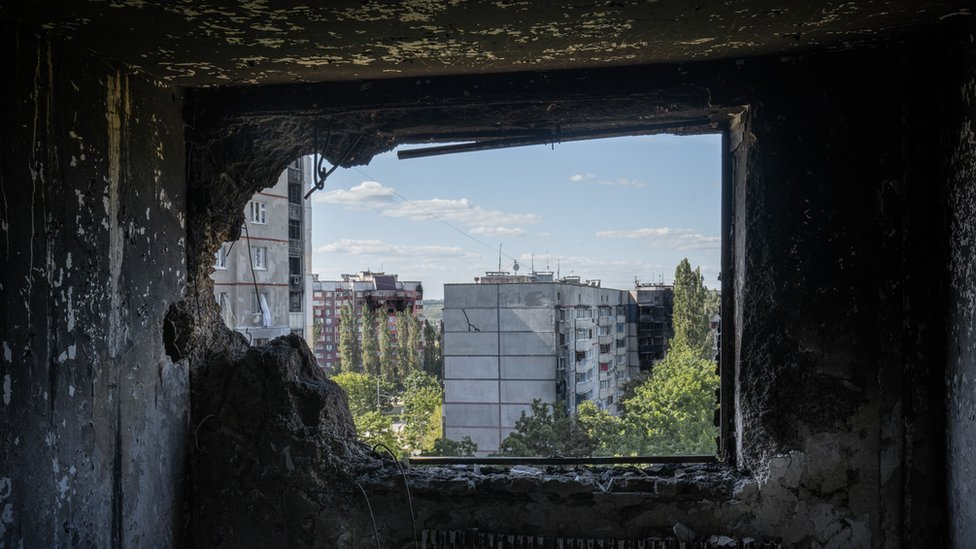 The view from a destroyed Saltivka apartment. Many have been turned to little more than ash