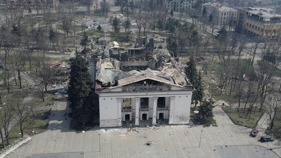 A view shows the building of a destroyed theatre in Mariupol