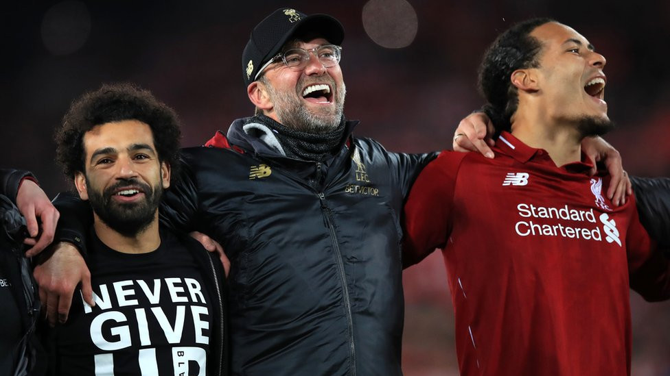 Mohamed Salah (left), manager Jurgen Klopp (centre) and Virgil van Dijk celebrate after the UEFA Champions League Semi Final