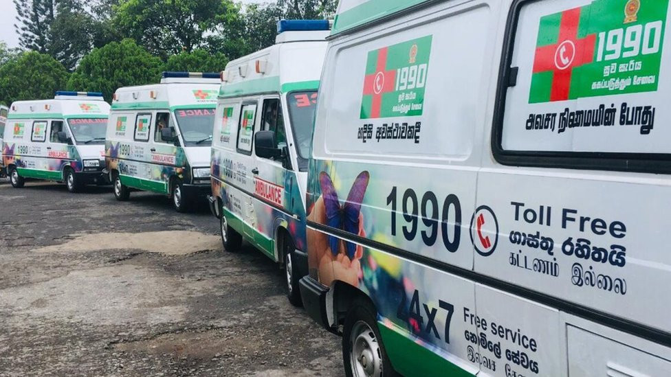Several of Sri Lanka's emergency ambulance service, '1990 Suwa Seriya' ambulances parked together