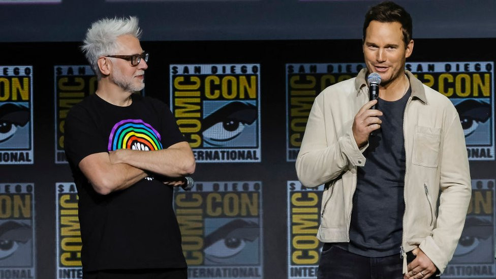 James Gunn and Chris Pratt on stage at San Diego Comic-Con