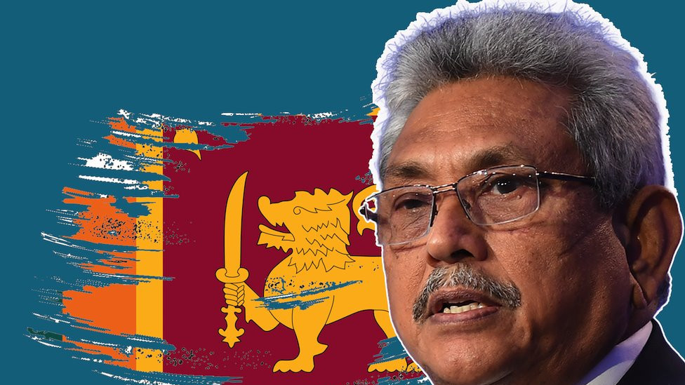 Image of Gotabaya Rajapaksa over a treated flag of Libya