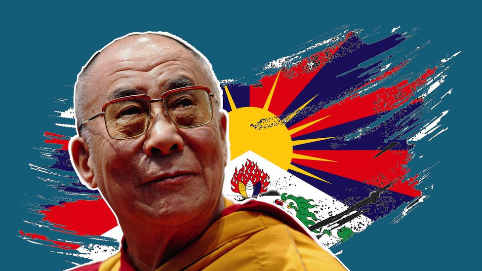 Image of Dalai Lama over a treated flag of Free Tibet