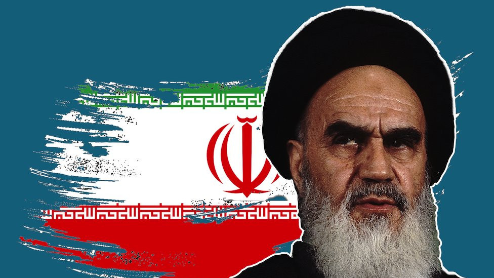 Image of Ayatollah Khomeini over a treated flag of Islamic Republic of Iran