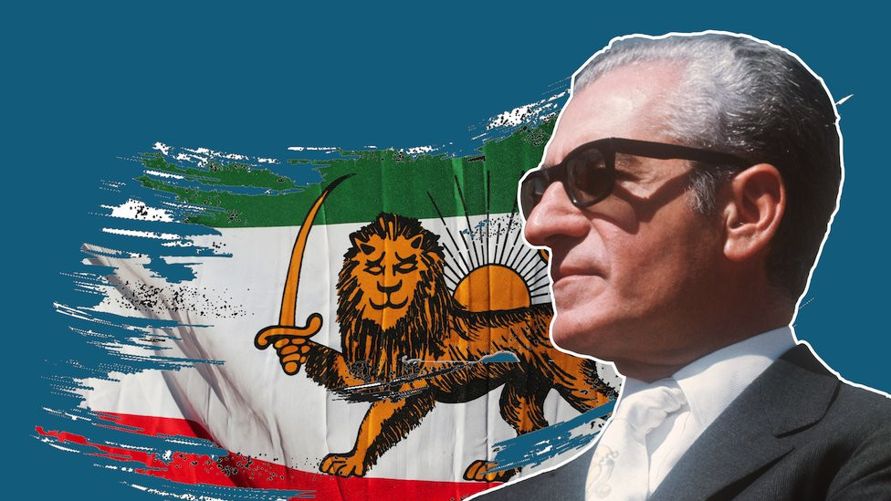 Image of Shah of Iran over a treated flag of former flag of Iran