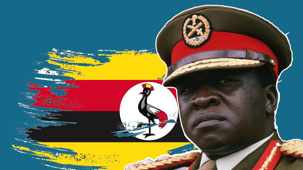 Image of Idi Amin over a treated flag of Uganda