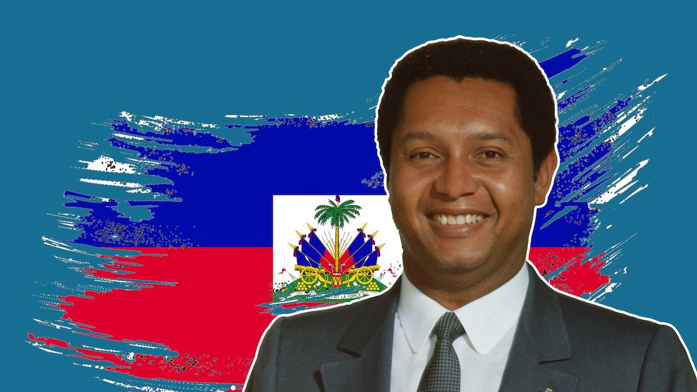 Image of Jean-Claude Duvalier over a treated flag of Haiti
