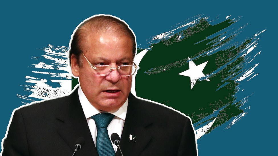 Image of Nawaz Sharif over a treated flag of Pakistan