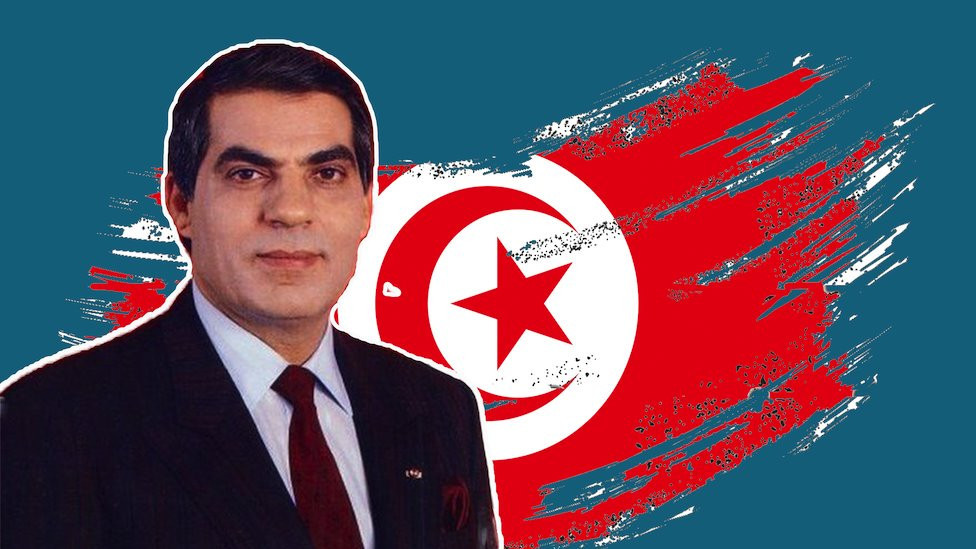 Image of Zine al-Abidine Ben Ali over a treated flag of Tunisia